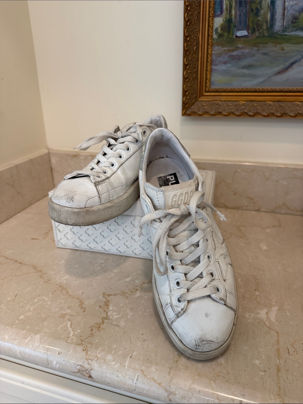 Golden Goose White Lace-Up Low-Top Sneakers with Distressed Details